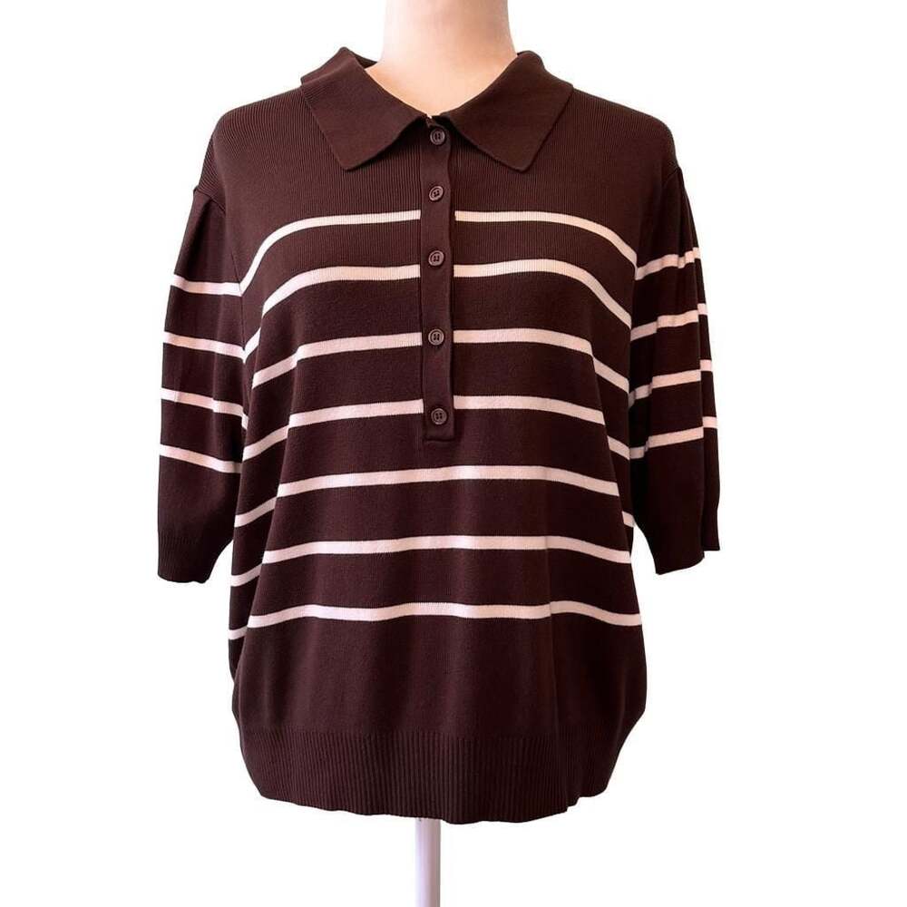 Free Assembly Women's SS Collared Swtr Tee Warm Fudge Stripe XL